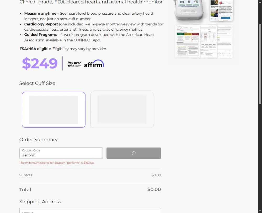 CONNEQT Health checkout page showing CONNEQT Health promo code box | Screenshot taken by SimplyCodes community member on Nov 15, 2025