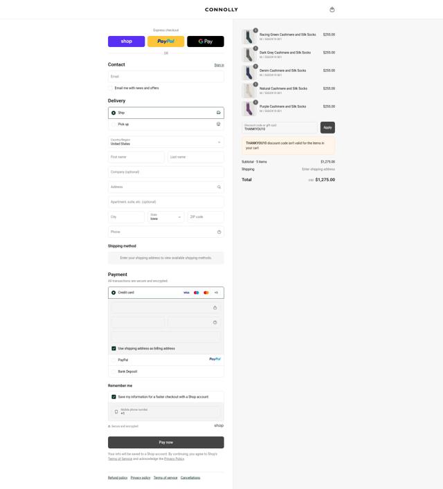 Connolly England checkout page showing Connolly England promo code box | Screenshot taken by SimplyCodes community member on Sep 12, 2025