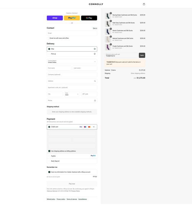 Connolly England checkout page showing Connolly England promo code box | Screenshot taken by SimplyCodes community member on Sep 17, 2025