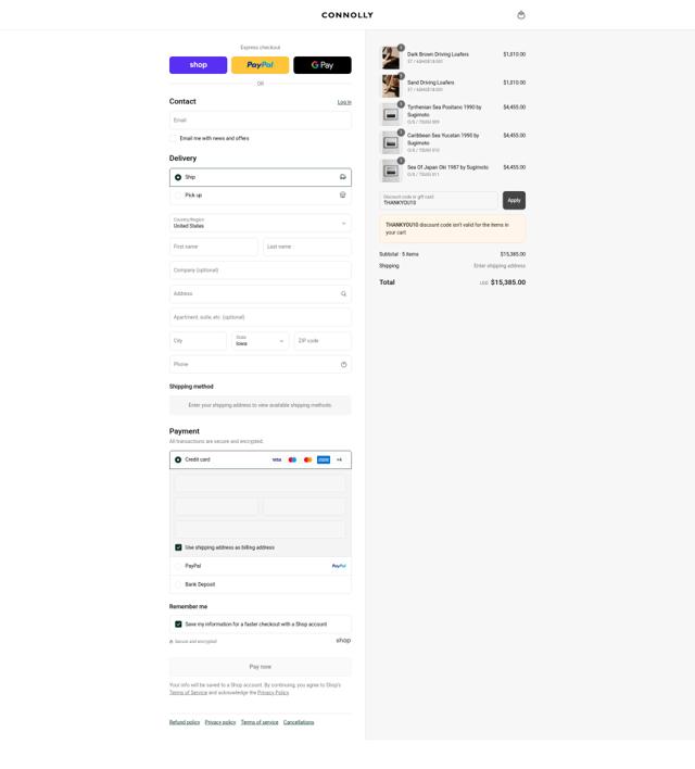Connolly England checkout page showing Connolly England promo code box | Screenshot taken by SimplyCodes community member on Sep 4, 2025