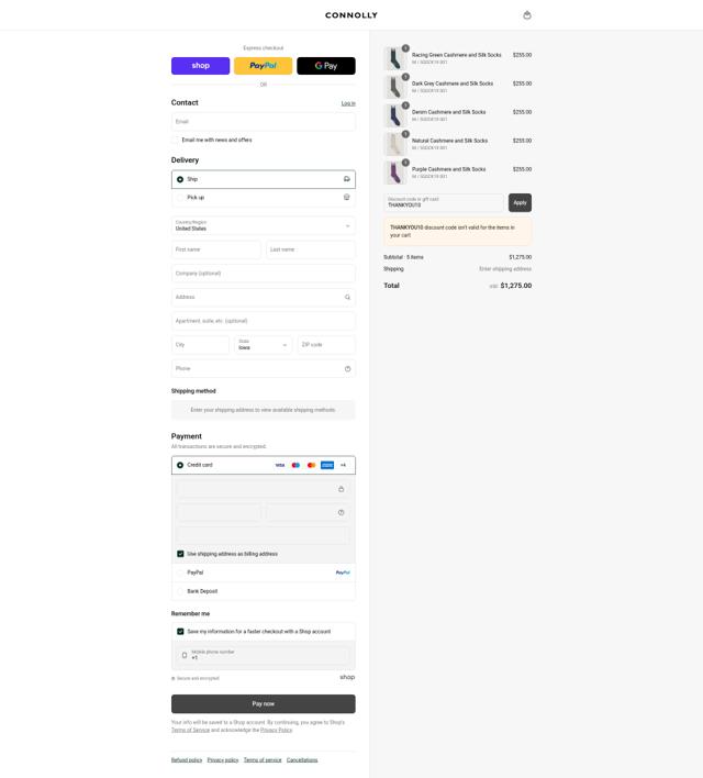 Connolly England checkout page showing Connolly England promo code box | Screenshot taken by SimplyCodes community member on Sep 8, 2025
