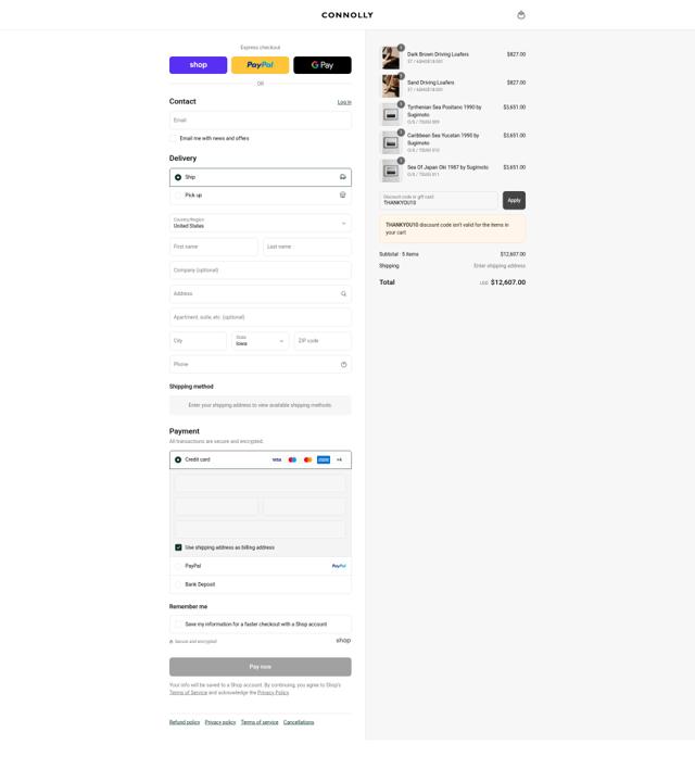 Connolly England checkout page showing Connolly England promo code box | Screenshot taken by SimplyCodes community member on Aug 31, 2025