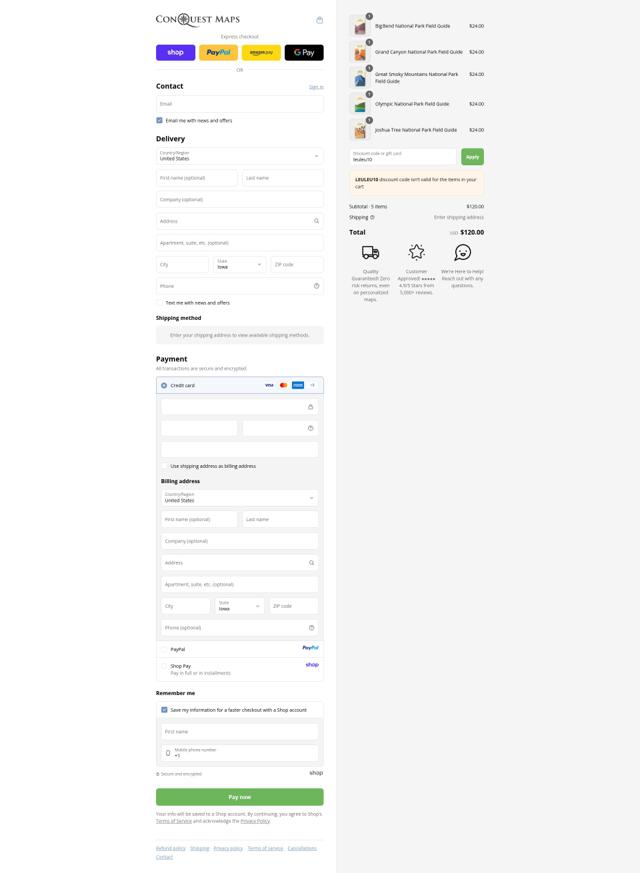 Conquest Maps checkout page showing Conquest Maps discount code box | Screenshot taken by SimplyCodes community member on Sep 12, 2025