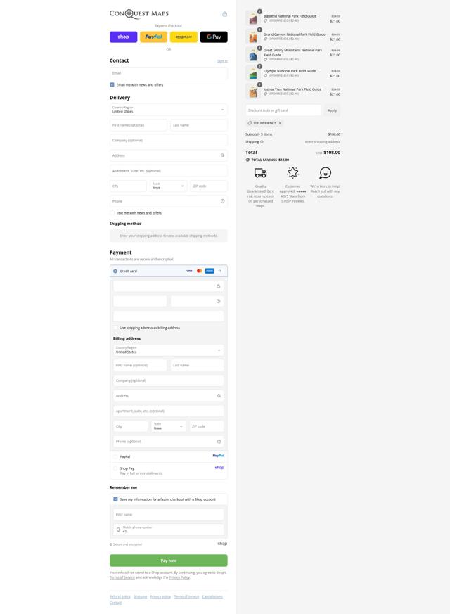 Conquest Maps checkout page showing Conquest Maps discount code box | Screenshot taken by SimplyCodes community member on Sep 12, 2025