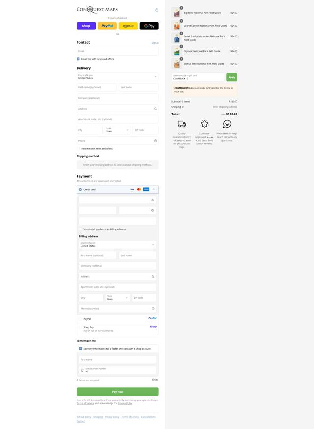 Conquest Maps checkout page showing Conquest Maps discount code box | Screenshot taken by SimplyCodes community member on Sep 12, 2025
