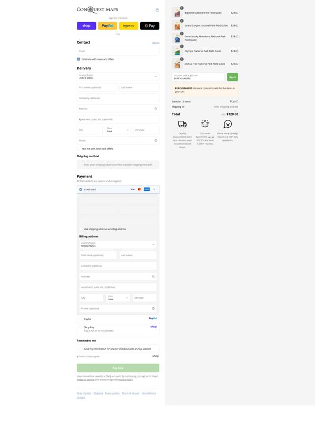 Conquest Maps checkout page showing Conquest Maps discount code box | Screenshot taken by SimplyCodes community member on Sep 12, 2025