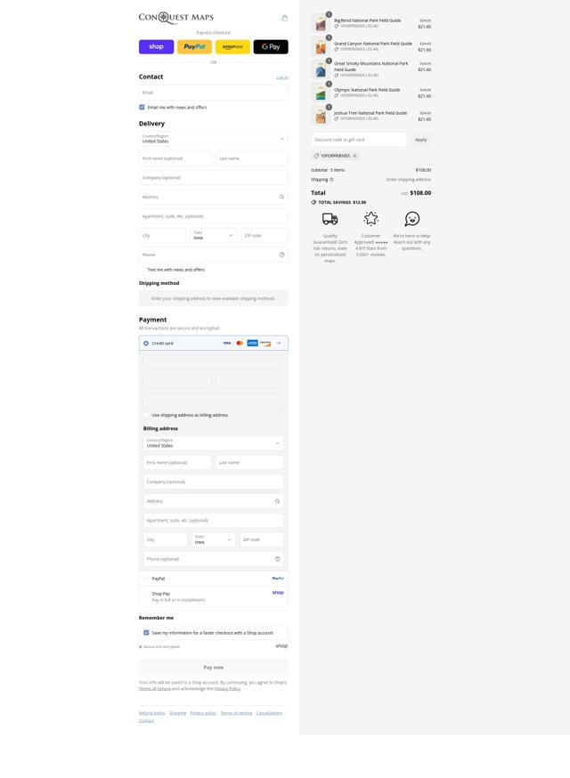 Conquest Maps checkout page showing Conquest Maps discount code box | Screenshot taken by SimplyCodes community member on Sep 8, 2025