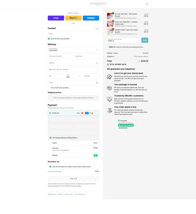 Conscious Items checkout page showing Conscious Items discount code box | Screenshot taken by SimplyCodes community member on Sep 5, 2025