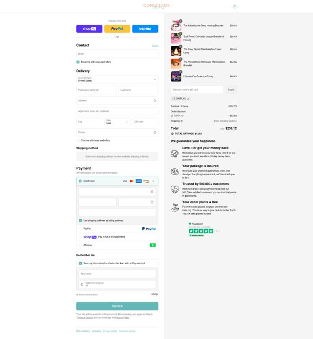 Conscious Items checkout page showing Conscious Items discount code box | Screenshot taken by SimplyCodes community member on Aug 7, 2025