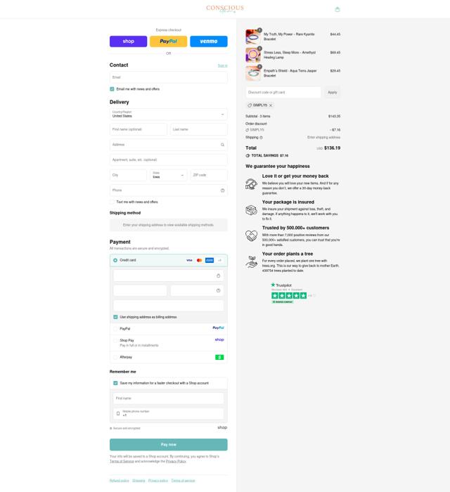 Conscious Items checkout page showing Conscious Items discount code box | Screenshot taken by SimplyCodes community member on Sep 10, 2025