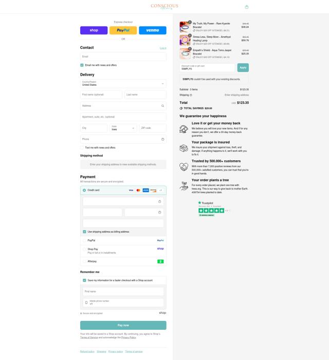Conscious Items checkout page showing Conscious Items discount code box | Screenshot taken by SimplyCodes community member on Sep 1, 2025