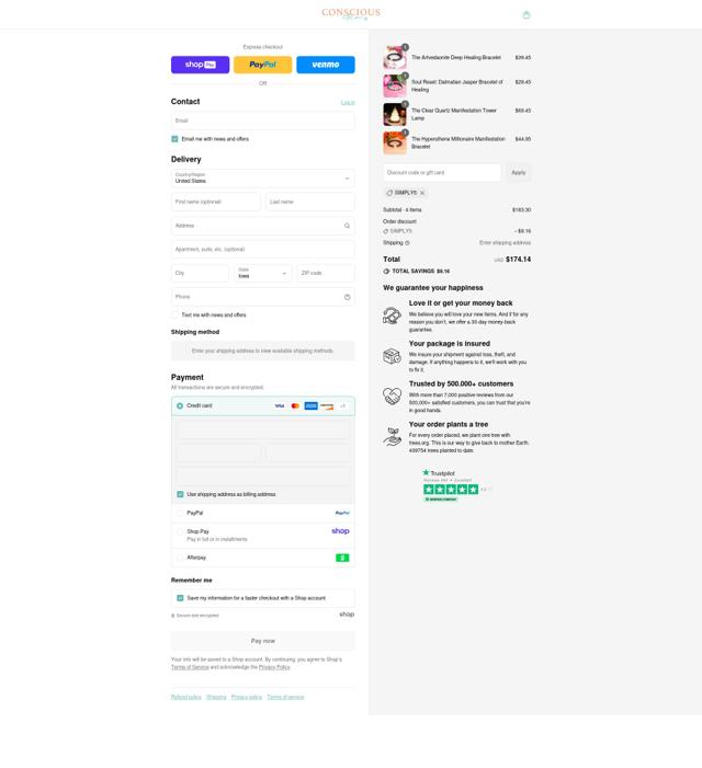 Conscious Items checkout page showing Conscious Items discount code box | Screenshot taken by SimplyCodes community member on Aug 14, 2025