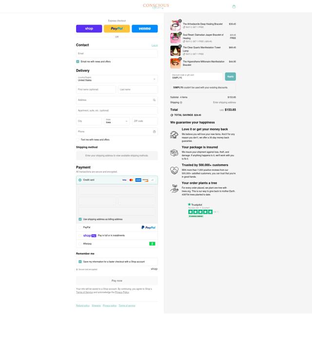 Conscious Items checkout page showing Conscious Items discount code box | Screenshot taken by SimplyCodes community member on Aug 11, 2025