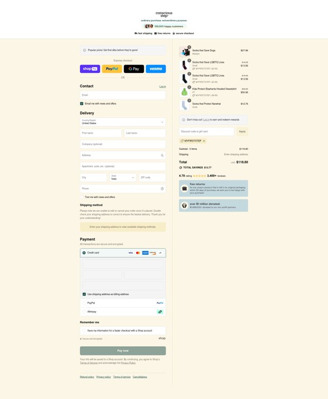 Conscious Step checkout page showing Conscious Step discount code box | Screenshot taken by SimplyCodes community member on Aug 25, 2025