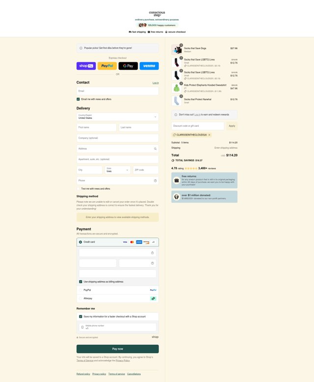 Conscious Step checkout page showing Conscious Step discount code box | Screenshot taken by SimplyCodes community member on Aug 25, 2025
