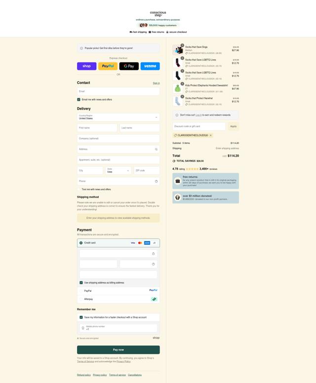 Conscious Step checkout page showing Conscious Step discount code box | Screenshot taken by SimplyCodes community member on Sep 11, 2025