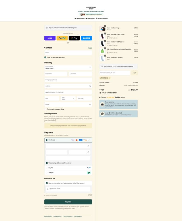 Conscious Step checkout page showing Conscious Step discount code box | Screenshot taken by SimplyCodes community member on Aug 29, 2025