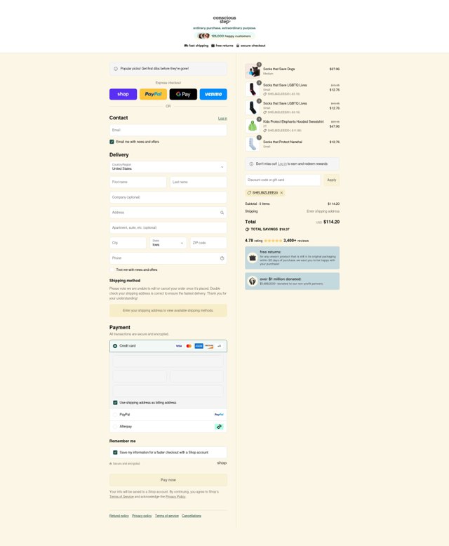 Conscious Step checkout page showing Conscious Step discount code box | Screenshot taken by SimplyCodes community member on Aug 29, 2025