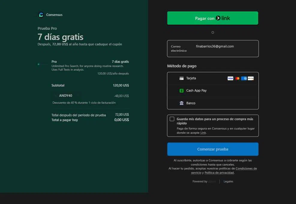 Consensus checkout page showing Consensus promo code box | Screenshot taken by SimplyCodes community member on Jan 7, 2026