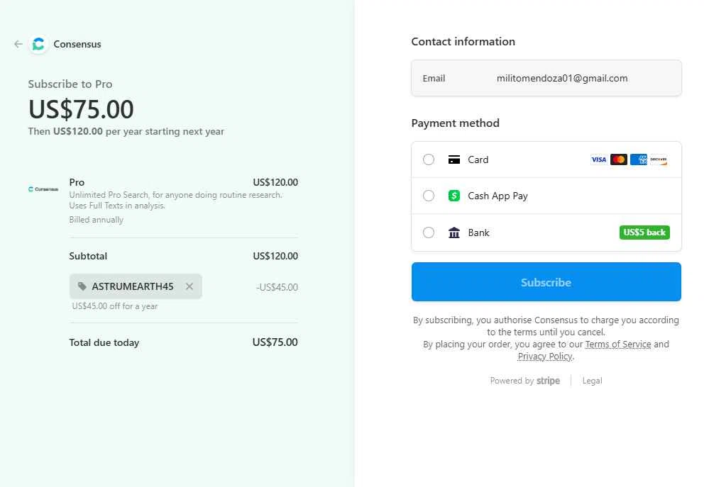 Consensus checkout page showing Consensus promo code box | Screenshot taken by SimplyCodes community member on Nov 8, 2025
