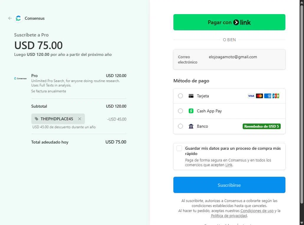 Consensus checkout page showing Consensus promo code box | Screenshot taken by SimplyCodes community member on Dec 12, 2025