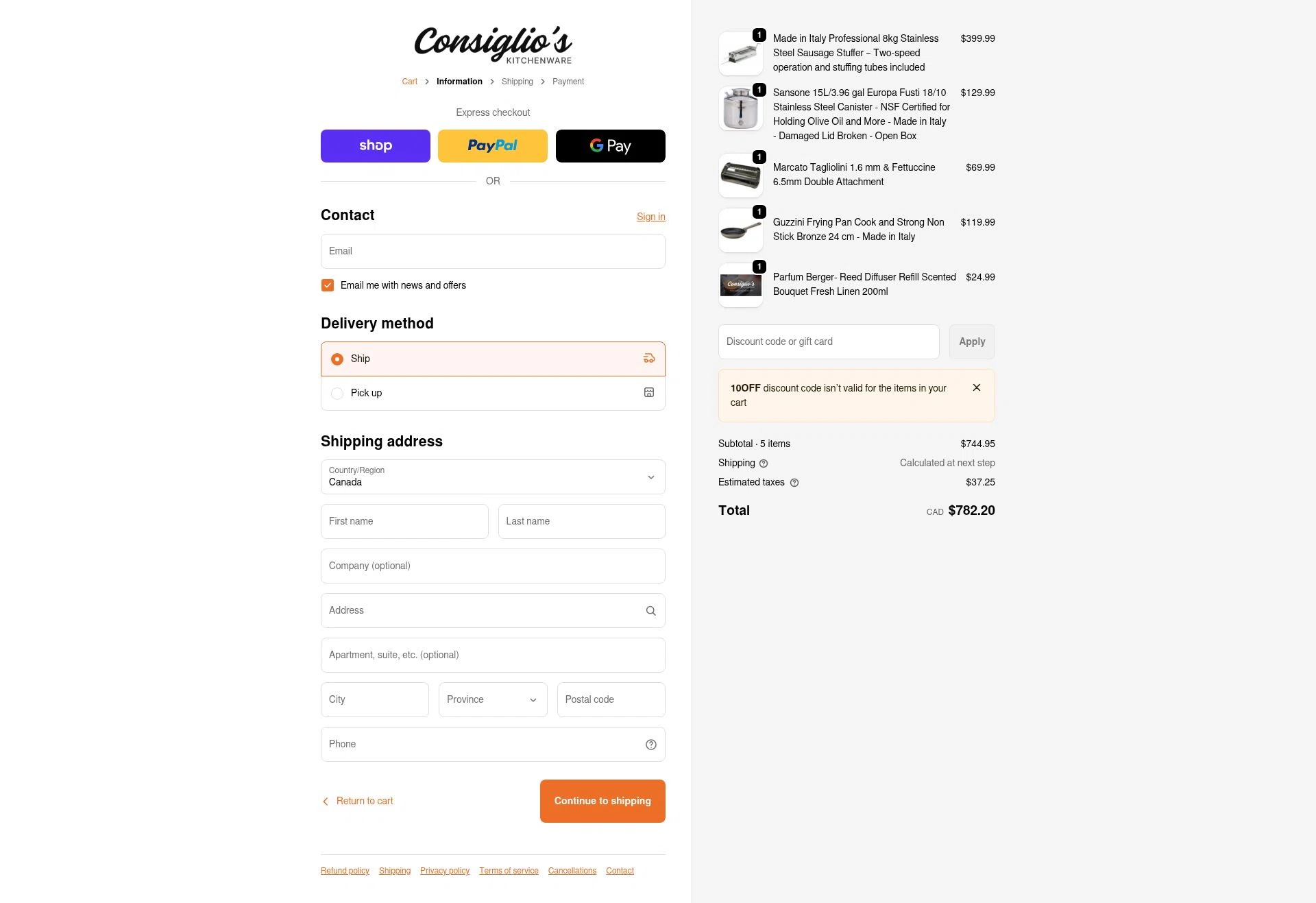Consiglio's Kitchenware checkout page showing Consiglio's Kitchenware discount code box | Screenshot taken by SimplyCodes community member on Feb 6, 2026