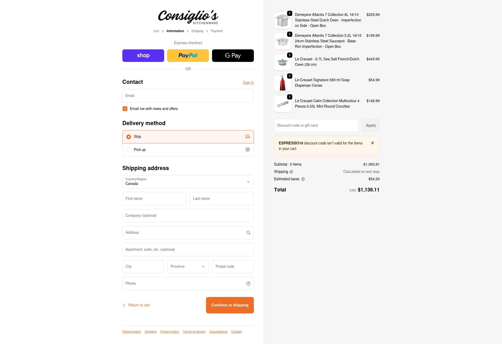 Consiglio's Kitchenware checkout page showing Consiglio's Kitchenware discount code box | Screenshot taken by SimplyCodes community member on Feb 2, 2026