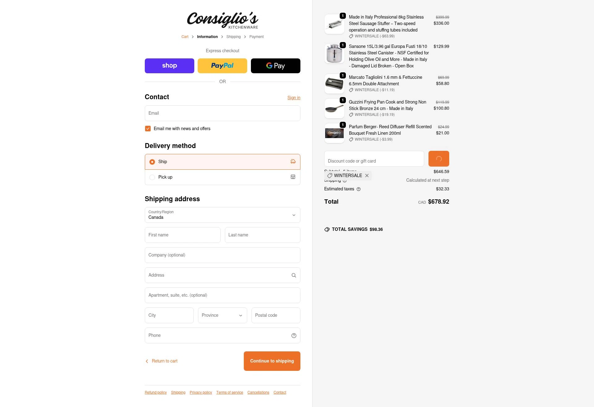 Consiglio's Kitchenware checkout page showing Consiglio's Kitchenware discount code box | Screenshot taken by SimplyCodes community member on Feb 6, 2026