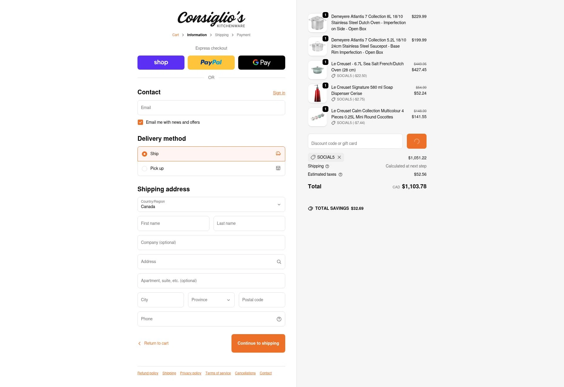 Consiglio's Kitchenware checkout page showing Consiglio's Kitchenware discount code box | Screenshot taken by SimplyCodes community member on Feb 2, 2026