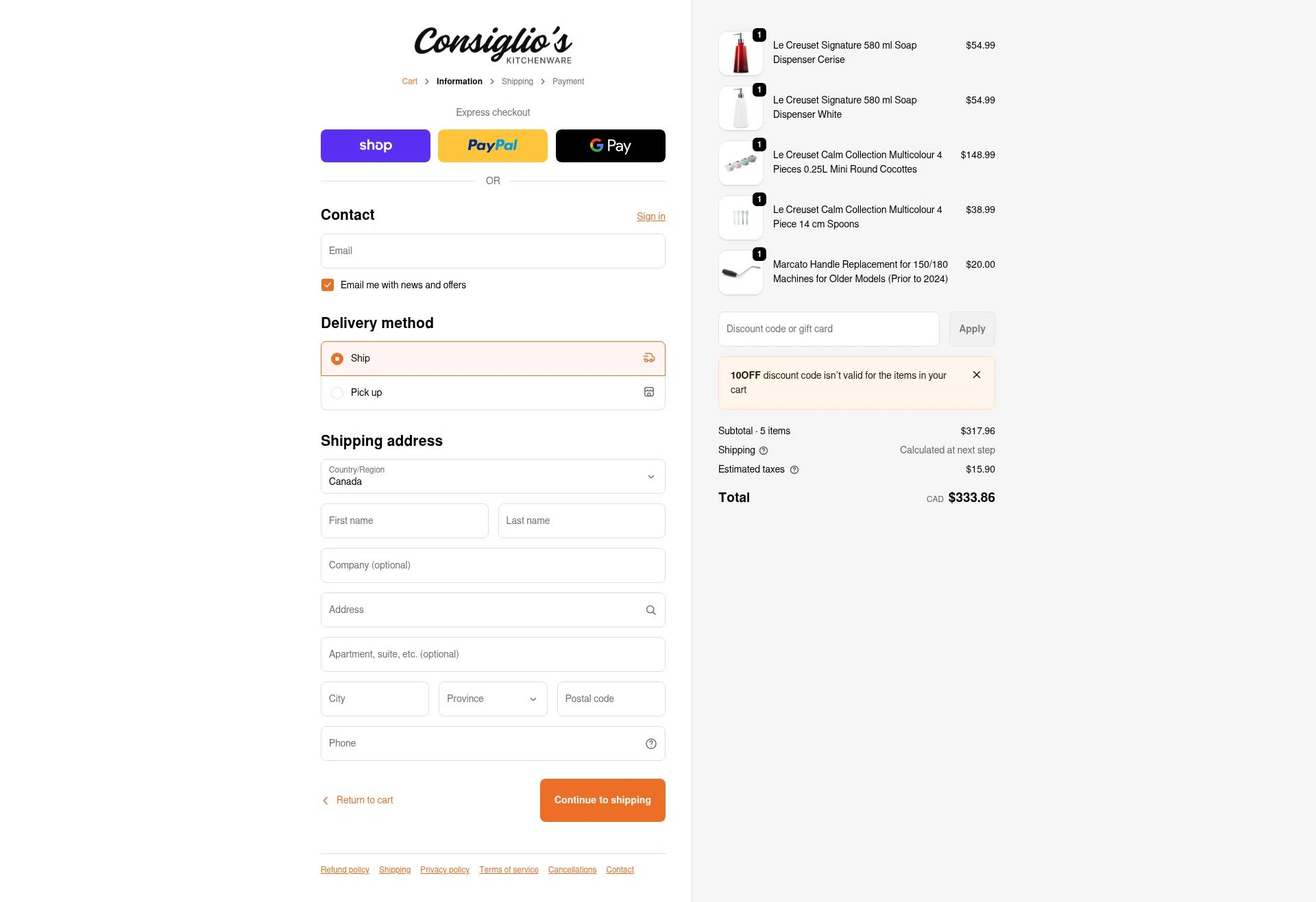 Consiglio's Kitchenware checkout page showing Consiglio's Kitchenware discount code box | Screenshot taken by SimplyCodes community member on Jan 29, 2026