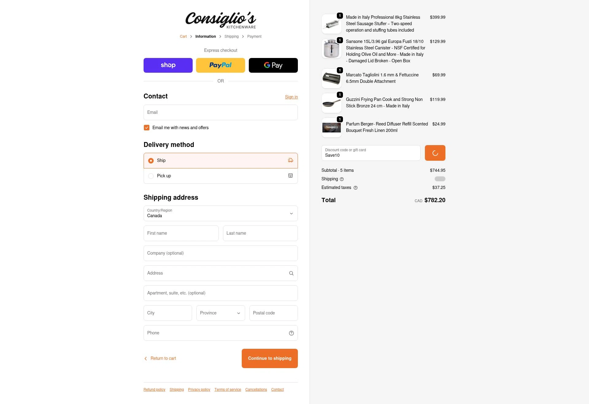 Consiglio's Kitchenware checkout page showing Consiglio's Kitchenware discount code box | Screenshot taken by SimplyCodes community member on Feb 6, 2026