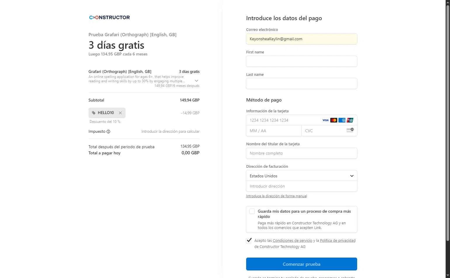 Constructor checkout page showing Constructor promo code box | Screenshot taken by SimplyCodes community member on Jul 4, 2025