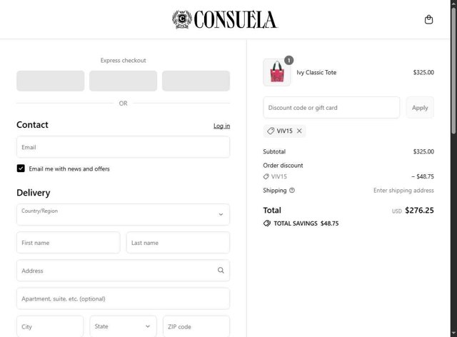Consuela checkout page showing Consuela discount code box | Screenshot taken by SimplyCodes community member on Aug 30, 2025