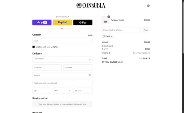 Consuela checkout page showing Consuela discount code box | Screenshot taken by SimplyCodes community member on Aug 16, 2025