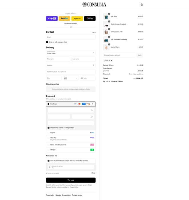 Consuela checkout page showing Consuela discount code box | Screenshot taken by SimplyCodes community member on Aug 19, 2025