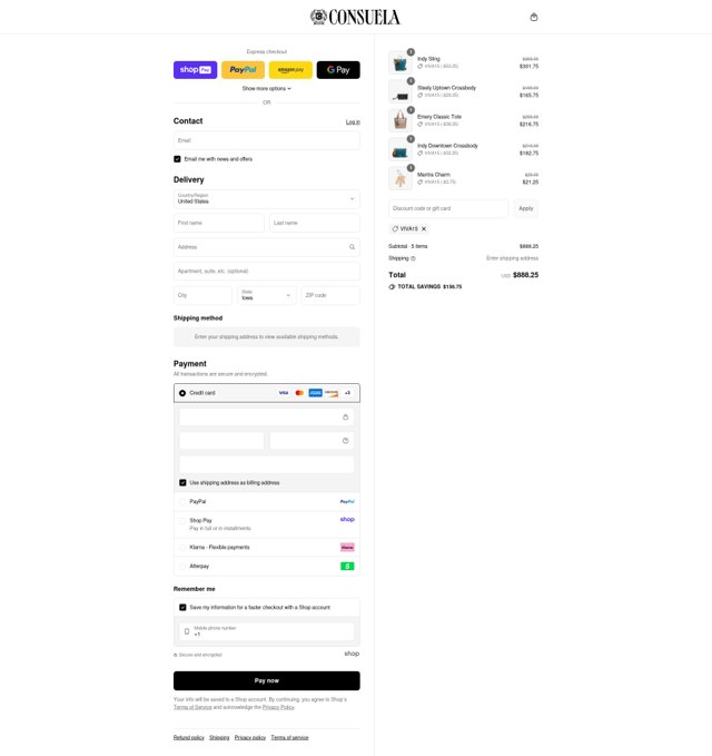 Consuela checkout page showing Consuela discount code box | Screenshot taken by SimplyCodes community member on Aug 19, 2025