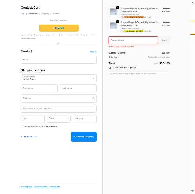 Contacts Cart checkout page showing Contacts Cart discount code box | Screenshot taken by SimplyCodes community member on Nov 9, 2025