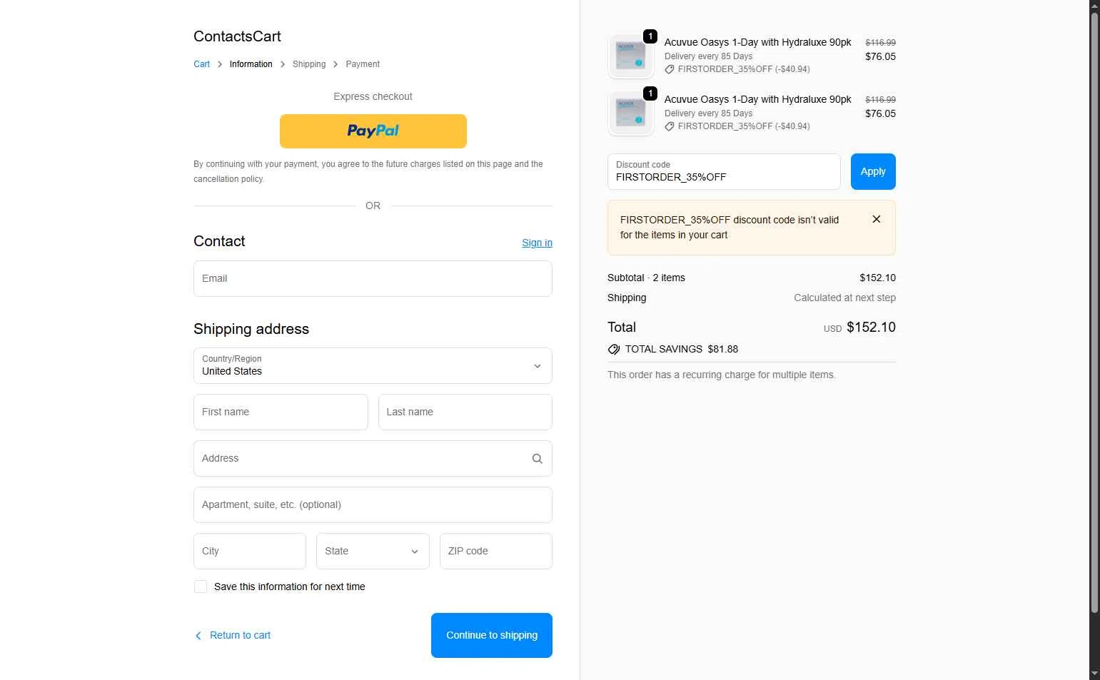 Contacts Cart checkout page showing Contacts Cart discount code box | Screenshot taken by SimplyCodes community member on Oct 8, 2025