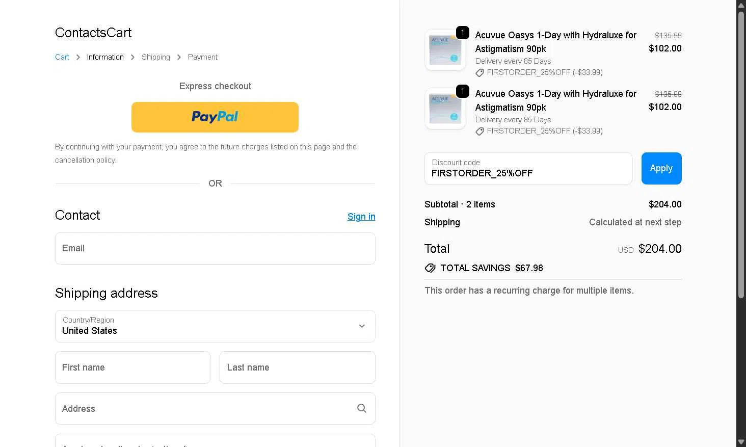 Contacts Cart checkout page showing Contacts Cart discount code box | Screenshot taken by SimplyCodes community member on Oct 11, 2025