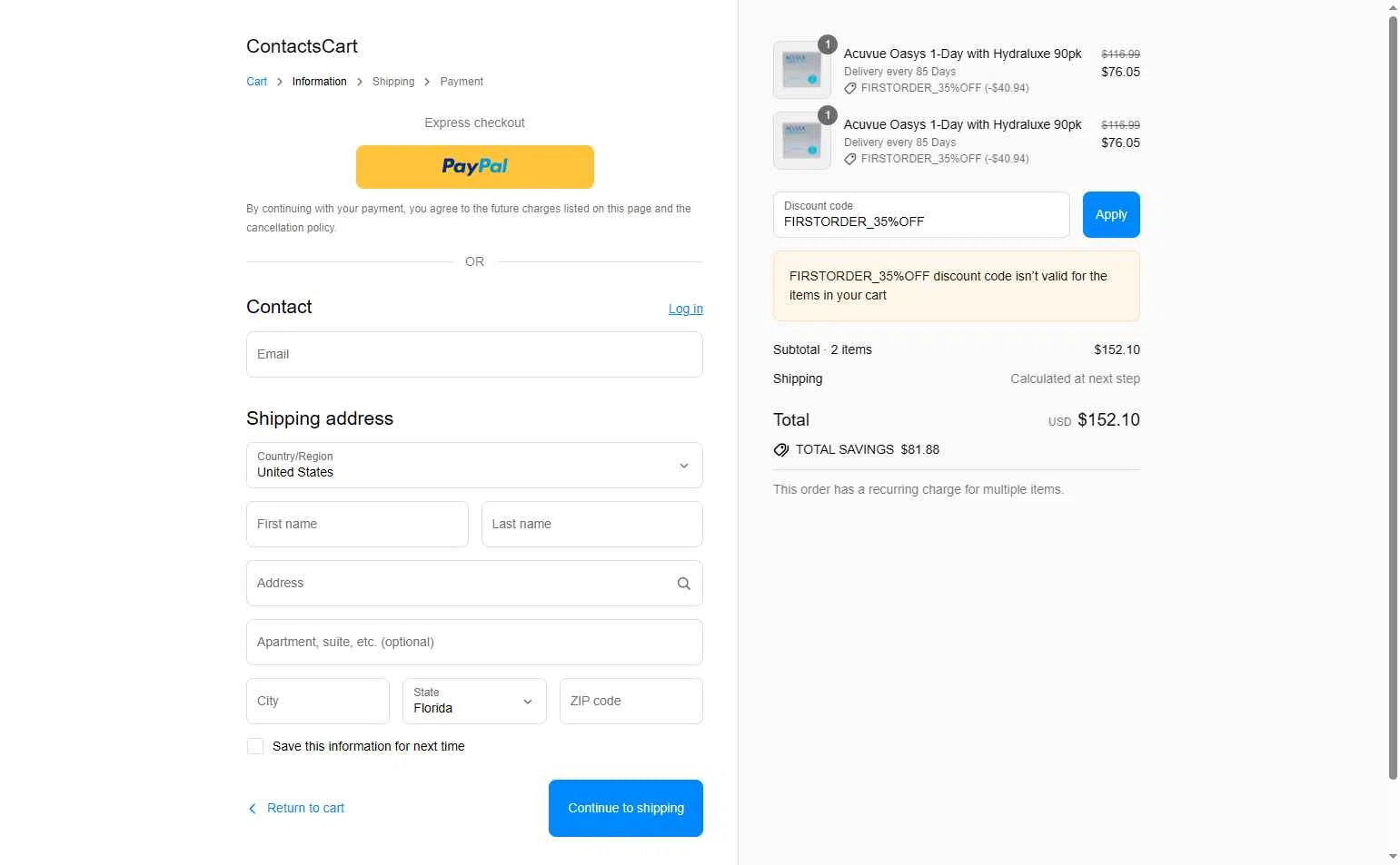 Contacts Cart checkout page showing Contacts Cart discount code box | Screenshot taken by SimplyCodes community member on Aug 12, 2025