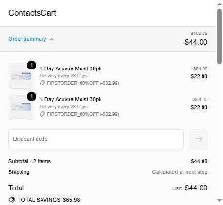 Contacts Cart checkout page showing Contacts Cart discount code box | Screenshot taken by SimplyCodes community member on Nov 21, 2025