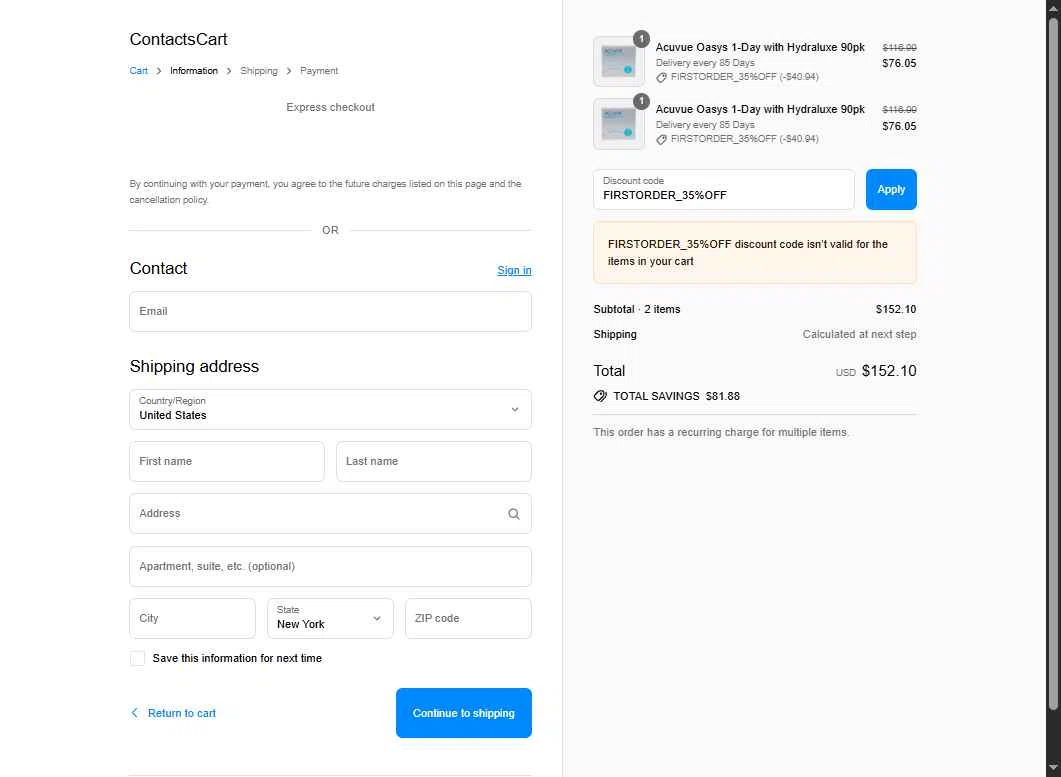 Contacts Cart checkout page showing Contacts Cart discount code box | Screenshot taken by SimplyCodes community member on Sep 16, 2025