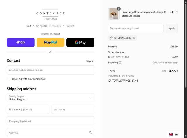 Contempee checkout page showing Contempee discount code box | Screenshot taken by SimplyCodes community member on Sep 13, 2025