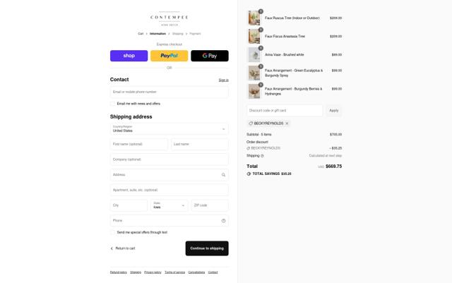 Contempee checkout page showing Contempee discount code box | Screenshot taken by SimplyCodes community member on Sep 12, 2025