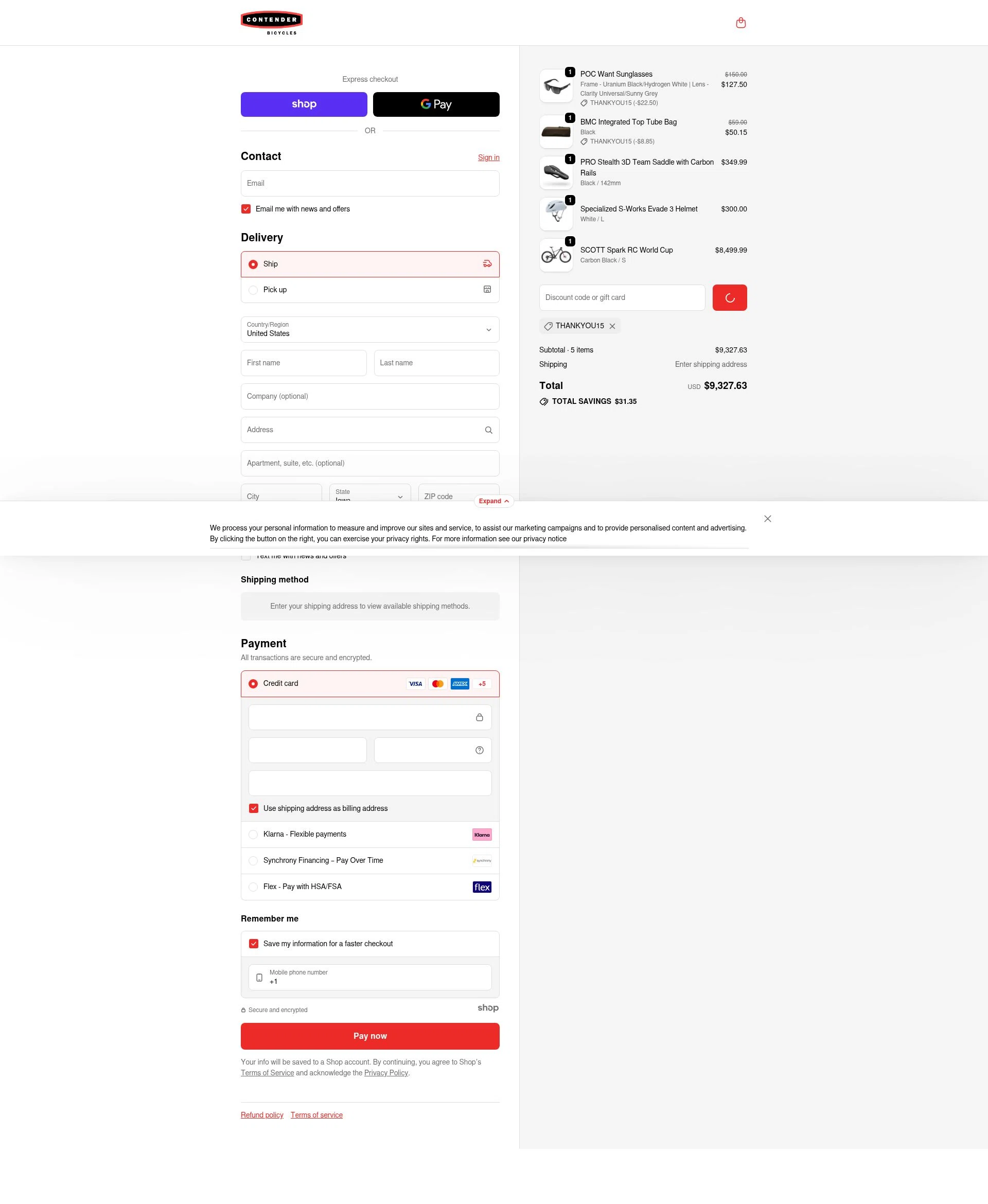 Contender Bicycles checkout page showing Contender Bicycles discount code box | Screenshot taken by SimplyCodes community member on Jan 2, 2026