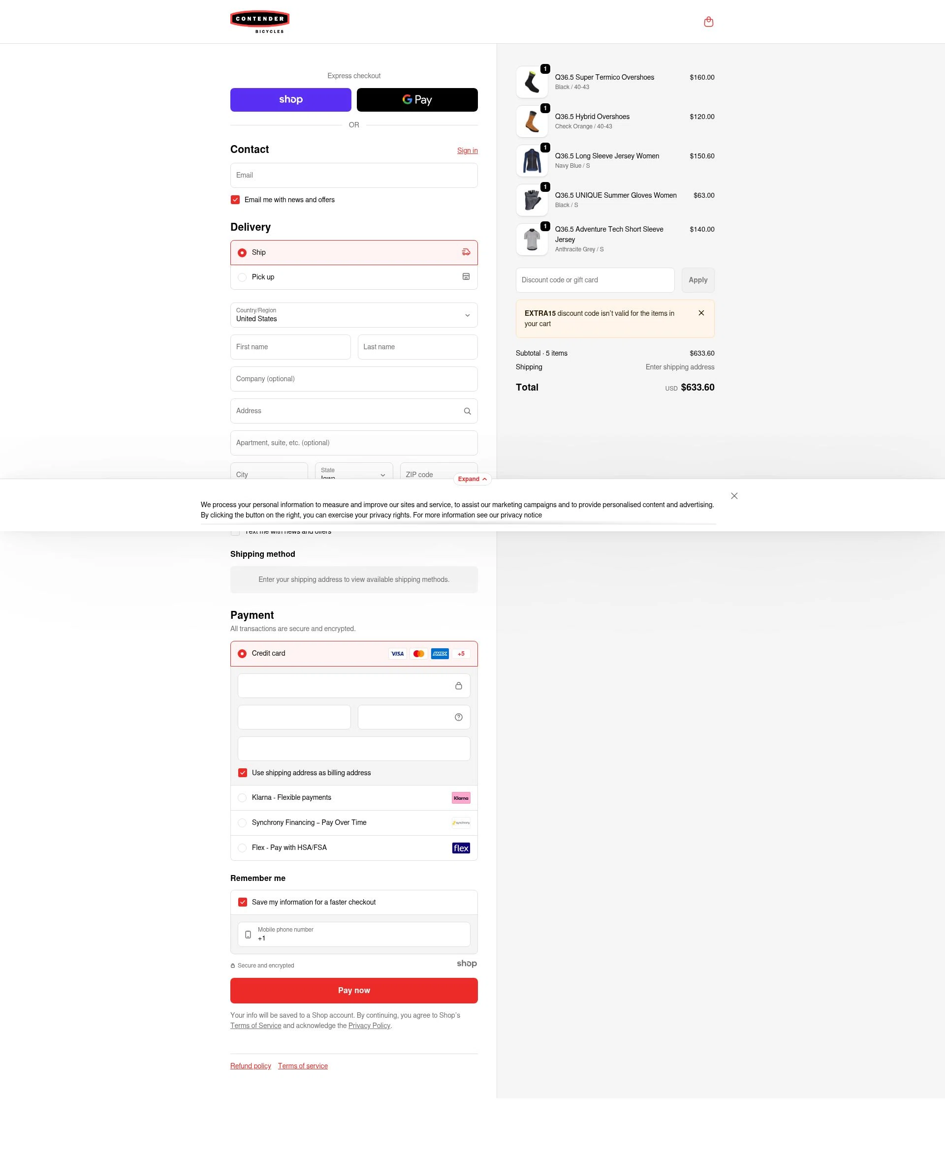 Contender Bicycles checkout page showing Contender Bicycles discount code box | Screenshot taken by SimplyCodes community member on Dec 23, 2025