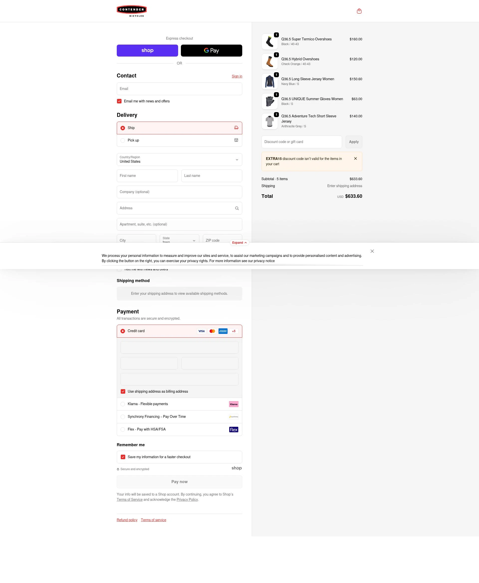 Contender Bicycles checkout page showing Contender Bicycles discount code box | Screenshot taken by SimplyCodes community member on Dec 28, 2025