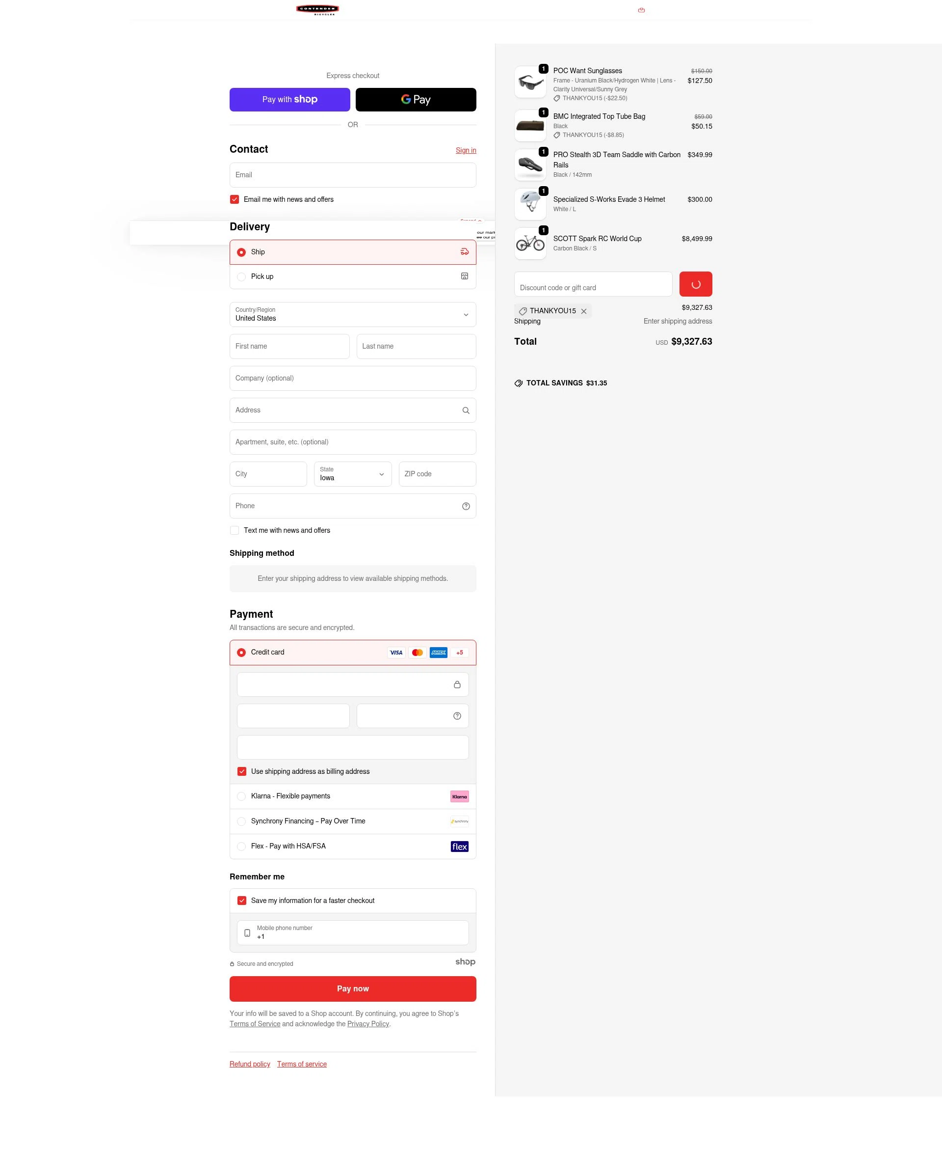 Contender Bicycles checkout page showing Contender Bicycles discount code box | Screenshot taken by SimplyCodes community member on Jan 7, 2026