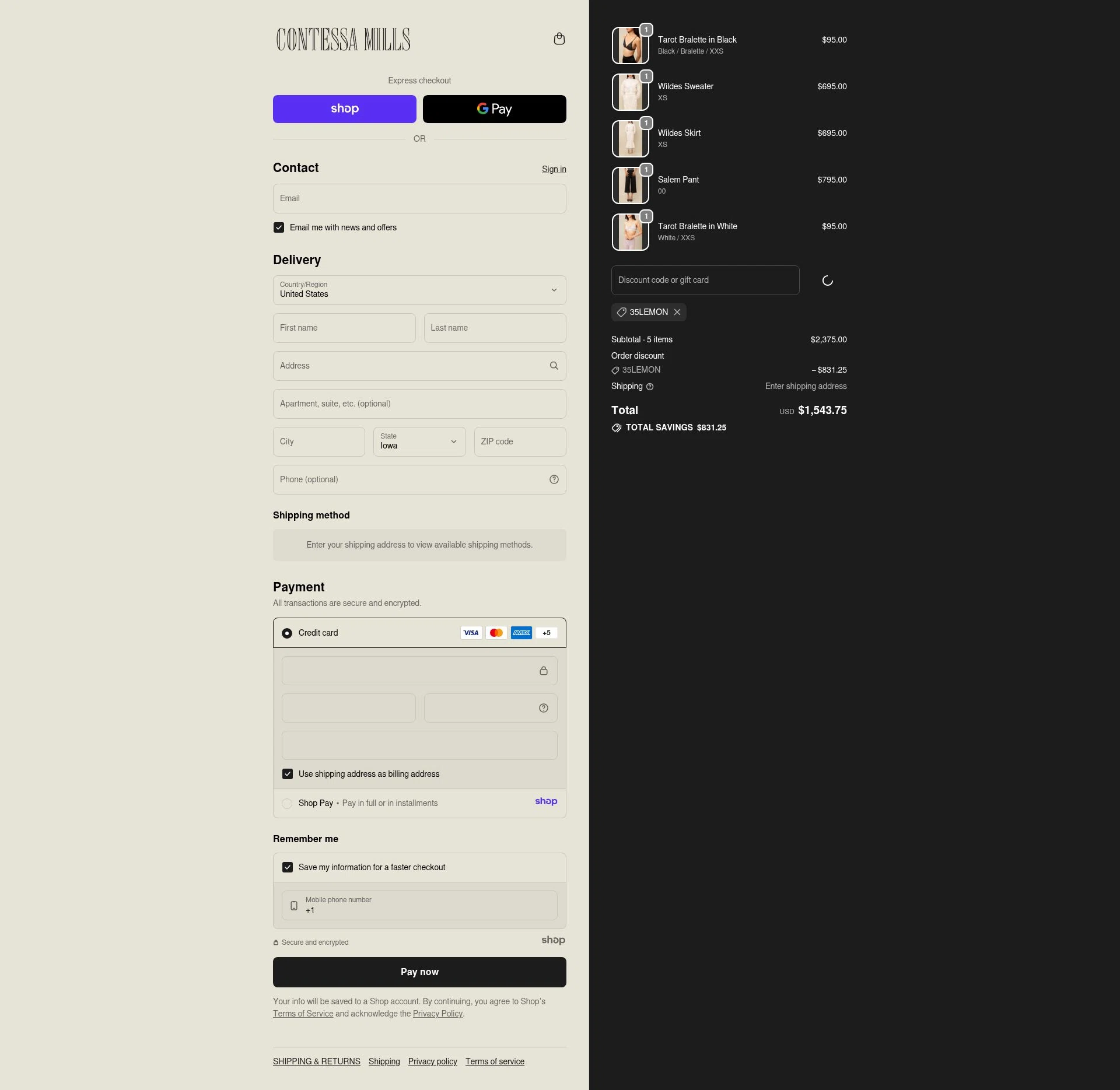 Contessa Mills checkout page showing Contessa Mills promo code box | Screenshot taken by SimplyCodes community member on Jan 2, 2026