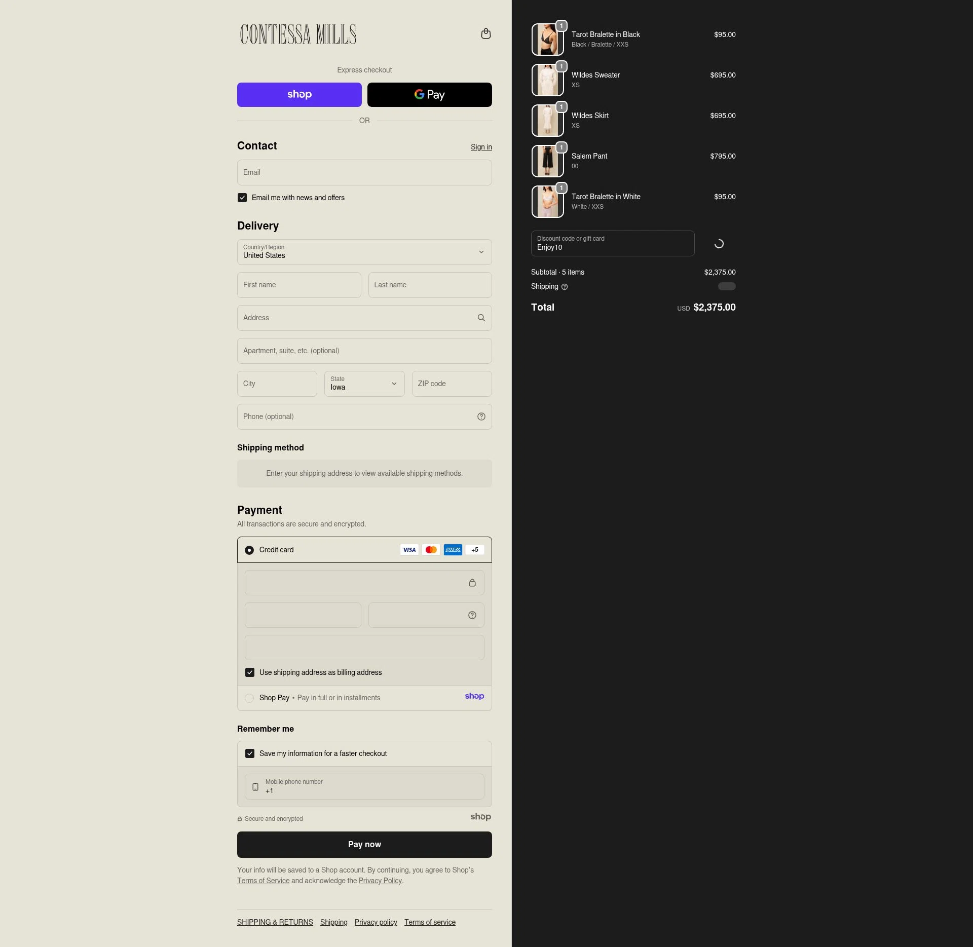 Contessa Mills checkout page showing Contessa Mills promo code box | Screenshot taken by SimplyCodes community member on Jan 2, 2026